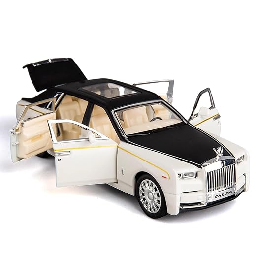 Royce Phantom Toy Car Metal Pull Back Diecast Car with Openable Door and Sound Light, Gifts Toys for Kids (1:32 Rolls Royce Phantom- White & Black)