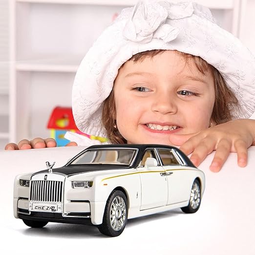 Royce Phantom Toy Car Metal Pull Back Diecast Car with Openable Door and Sound Light, Gifts Toys for Kids (1:32 Rolls Royce Phantom- White & Black)